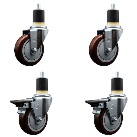 Service Caster 4'' Maroon Poly Wheel Swivel 1-7/8'' Expanding Stem Caster Set 2 Brakes, 4PK SCC-EX20S414-PPUB-MRN-2-PLB-2-178